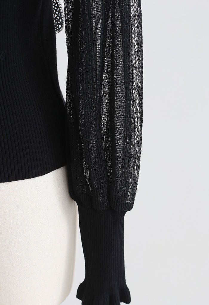 Scalloped Crochet Mesh Sleeves Knit Top in Black