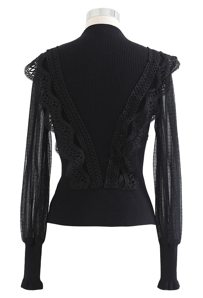 Scalloped Crochet Mesh Sleeves Knit Top in Black