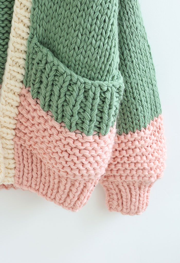 Color Blocked Hand-Knit Chunky Cardigan in Green