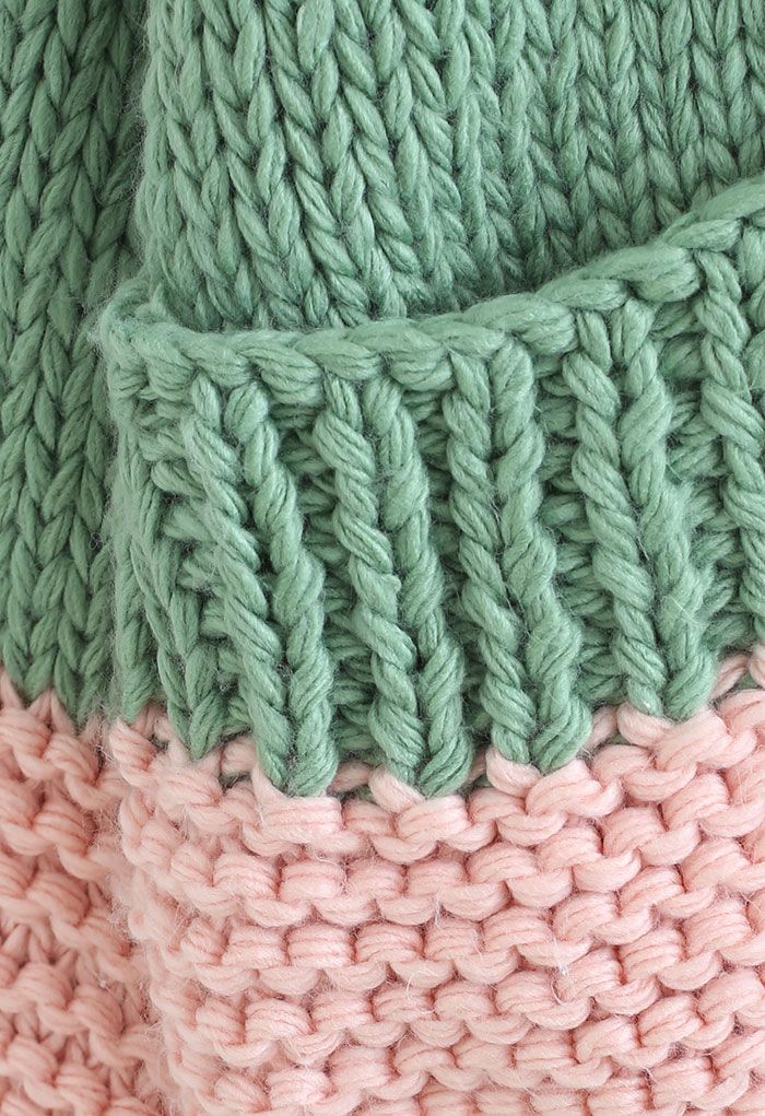 Color Blocked Hand-Knit Chunky Cardigan in Green