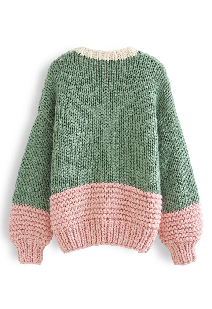 Color Blocked Hand-Knit Chunky Cardigan in Green