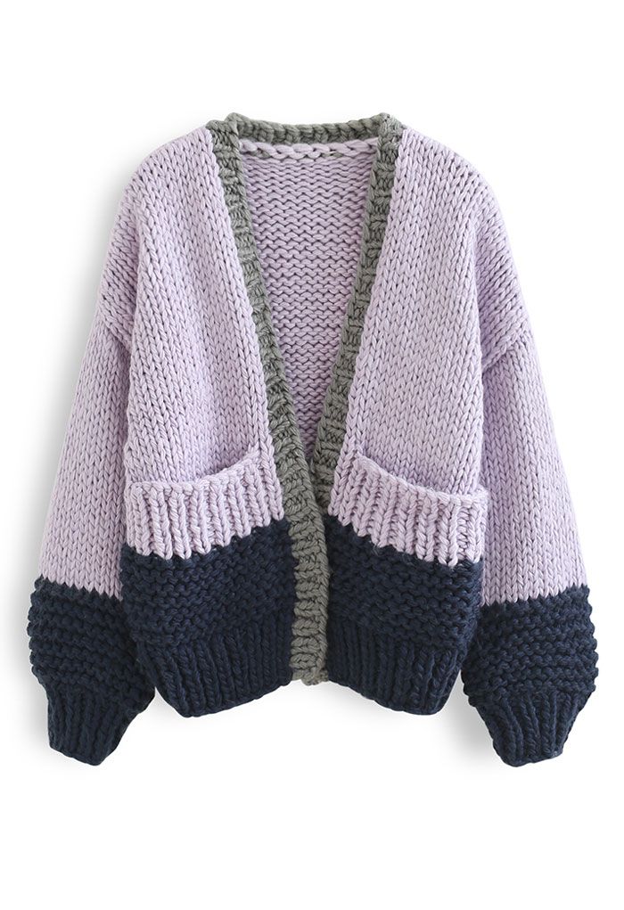 Color Blocked Hand-Knit Chunky Cardigan in Violet