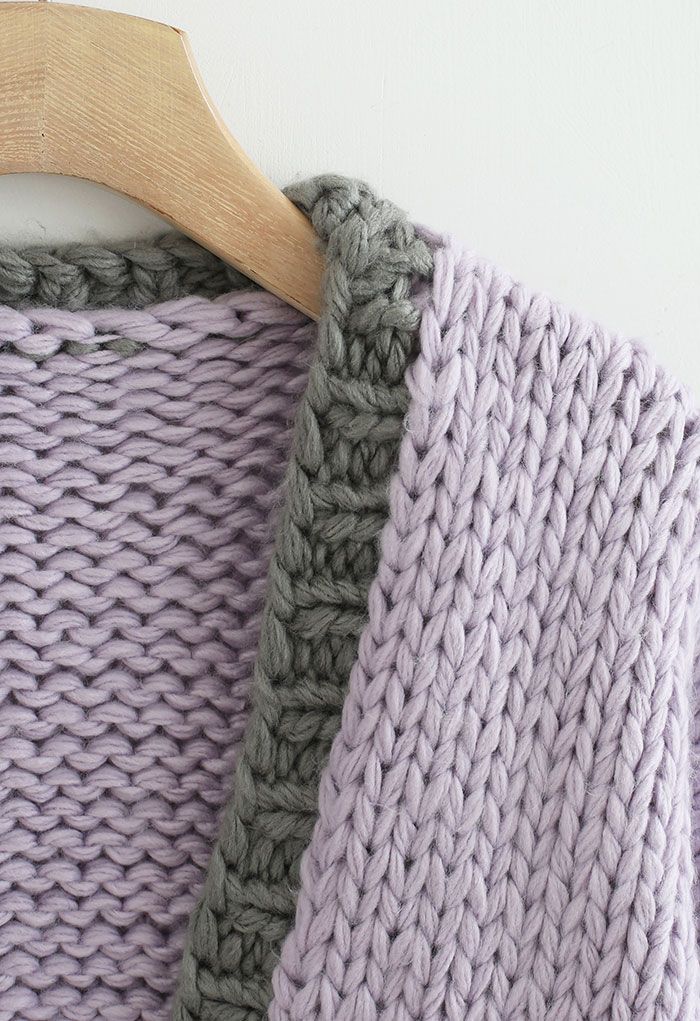 Color Blocked Hand-Knit Chunky Cardigan in Violet