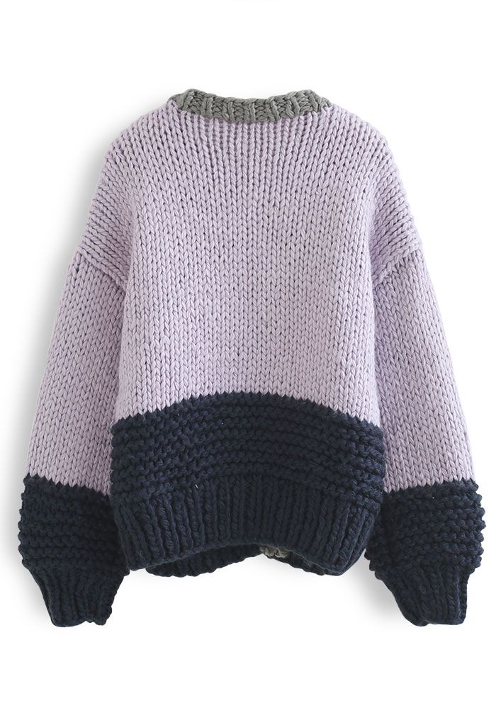 Color Blocked Hand-Knit Chunky Cardigan in Violet