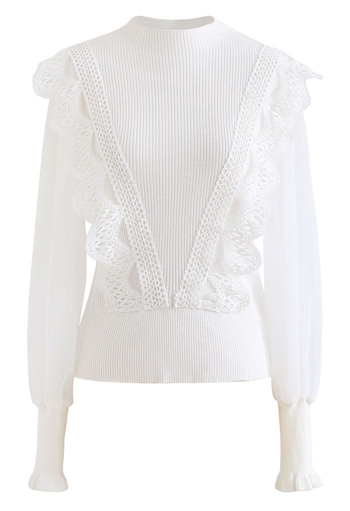 Scalloped Crochet Mesh Sleeves Knit Top in White