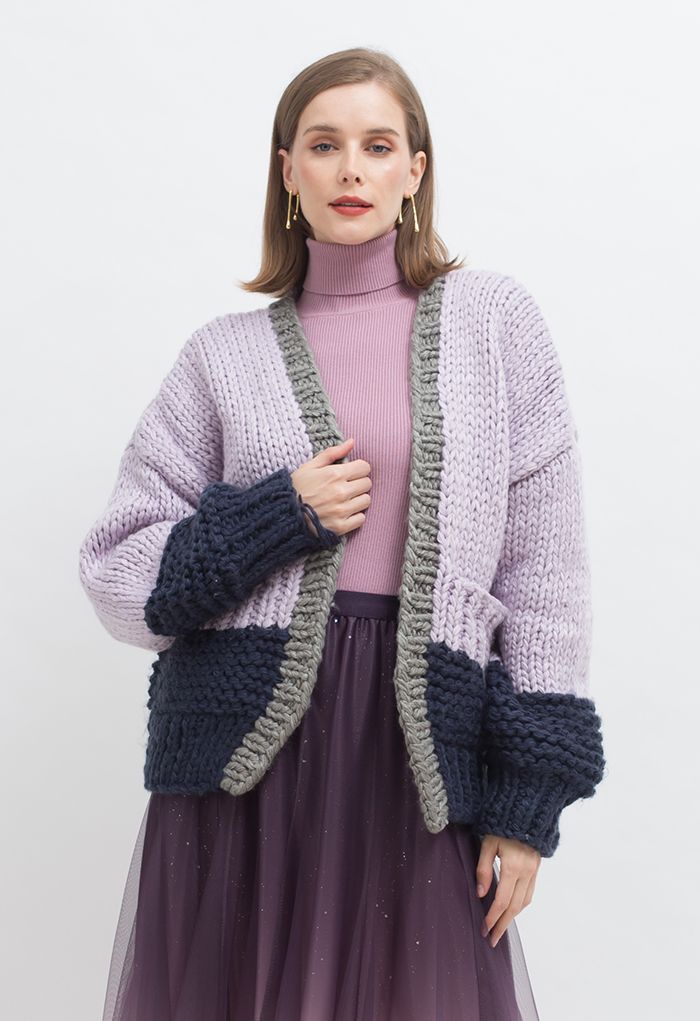 Color Blocked Hand-Knit Chunky Cardigan in Violet