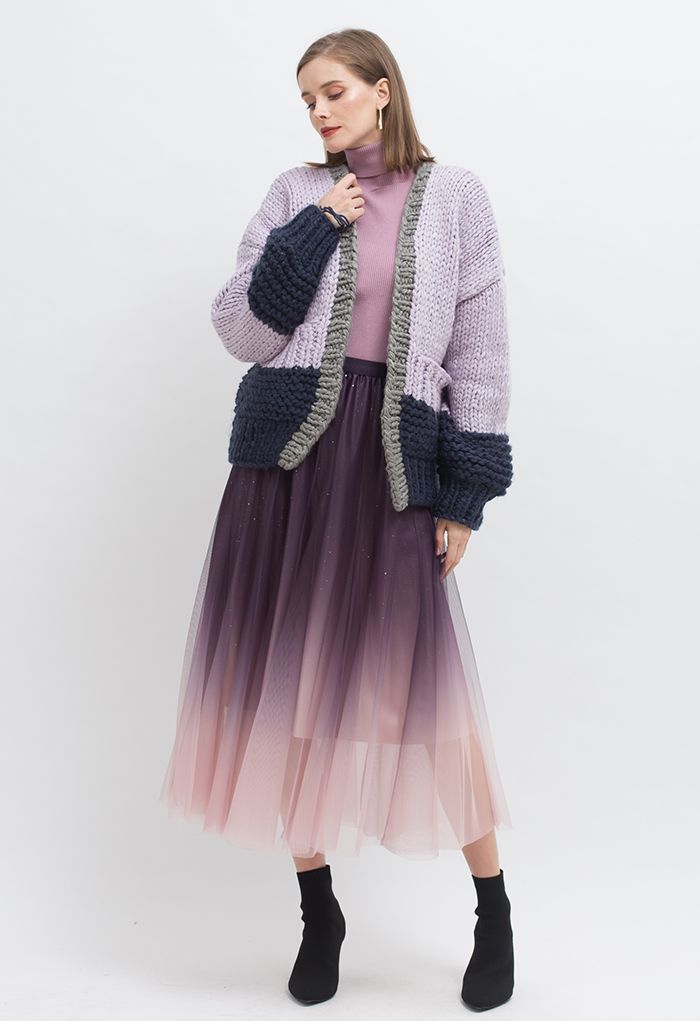 Color Blocked Hand-Knit Chunky Cardigan in Violet