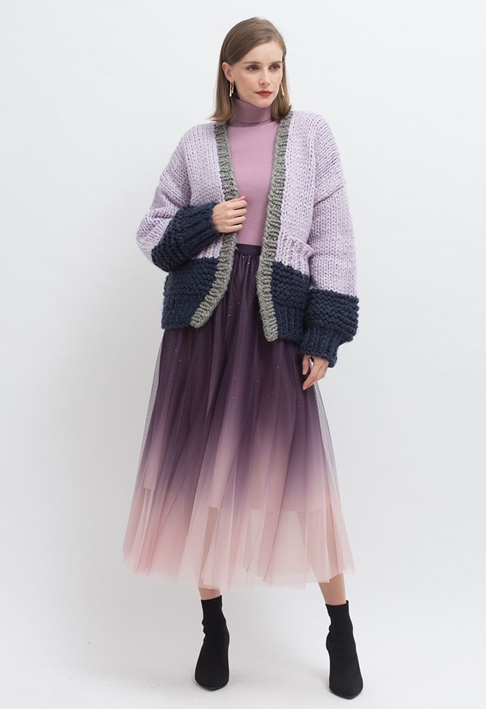 Color Blocked Hand-Knit Chunky Cardigan in Violet