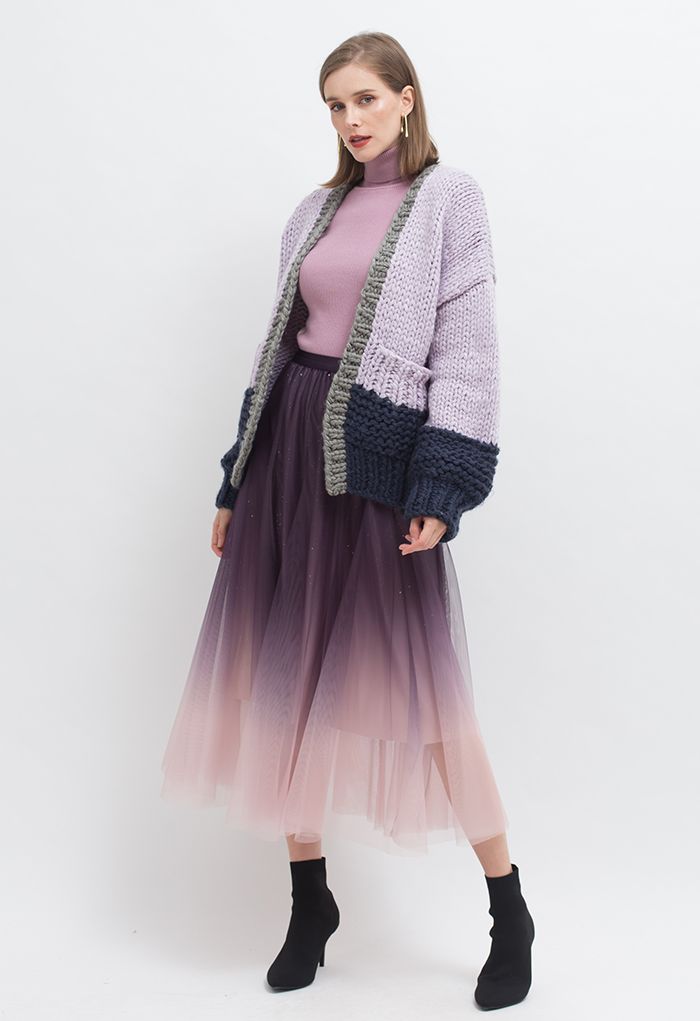 Color Blocked Hand-Knit Chunky Cardigan in Violet