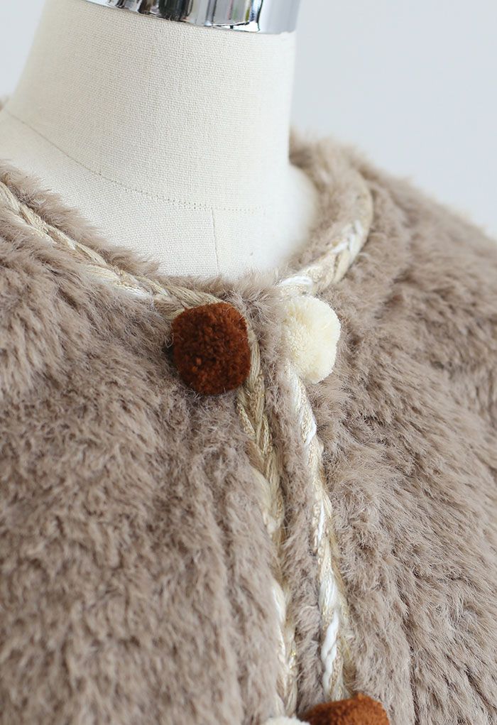 Contrast Ball Decorated Faux Fur Suede Coat in Khaki