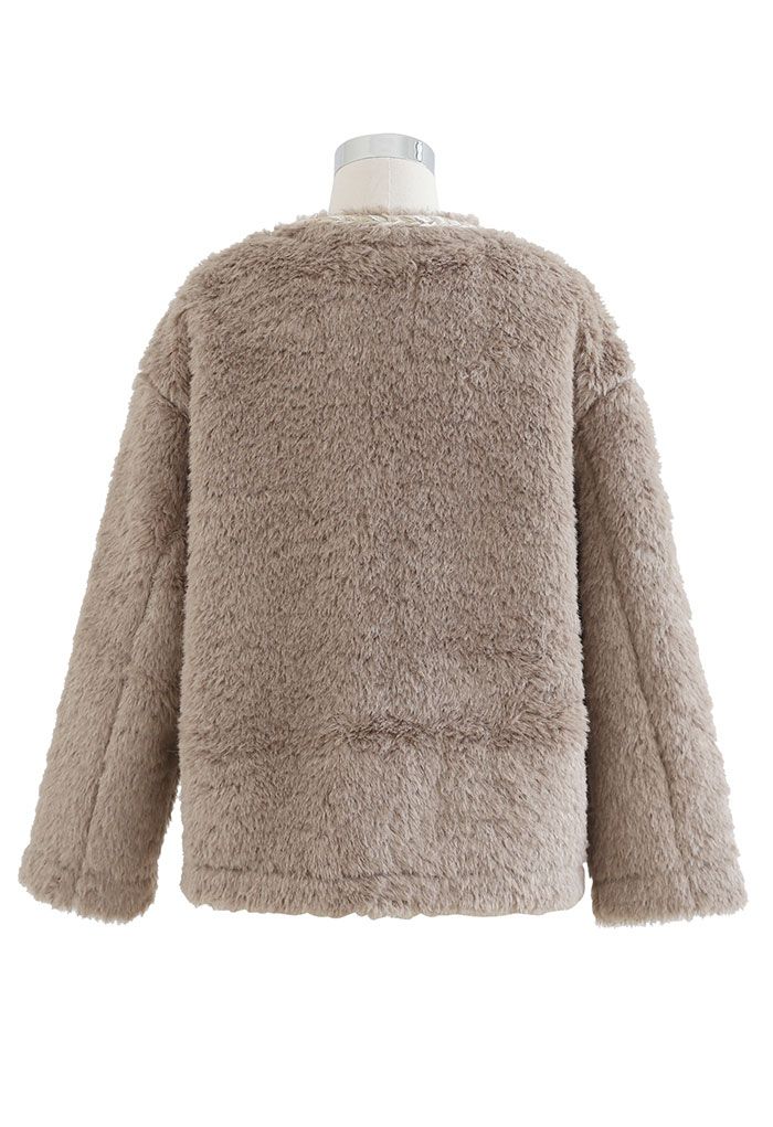 Contrast Ball Decorated Faux Fur Suede Coat in Khaki
