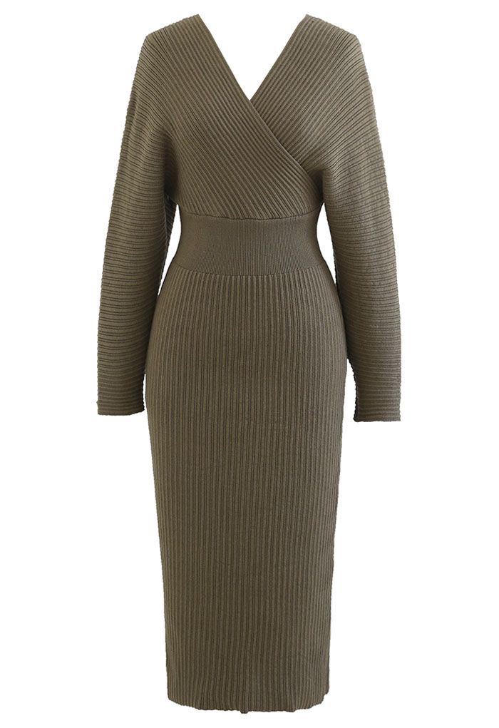Long Sleeve Wrapped Bodycon Knit Midi Dress in Army Green