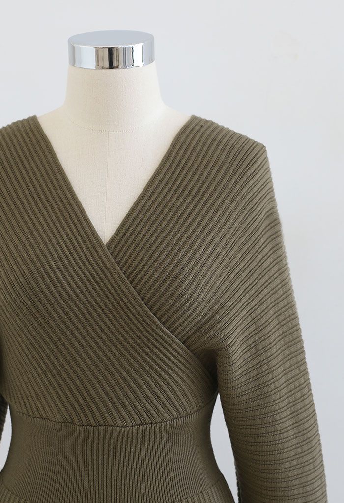 Long Sleeve Wrapped Bodycon Knit Midi Dress in Army Green