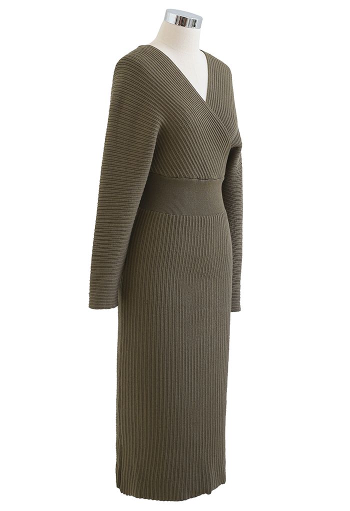 Long Sleeve Wrapped Bodycon Knit Midi Dress in Army Green