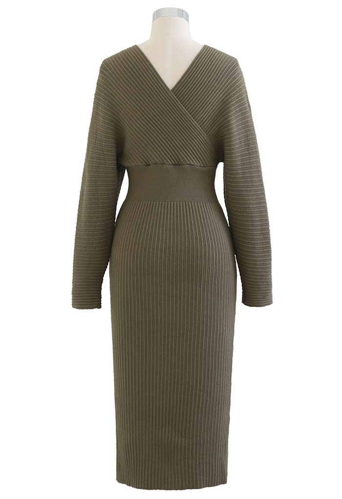 Long Sleeve Wrapped Bodycon Knit Midi Dress in Army Green