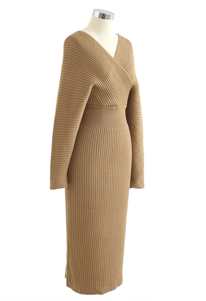 Long Sleeve Wrapped Bodycon Knit Midi Dress in Tan
