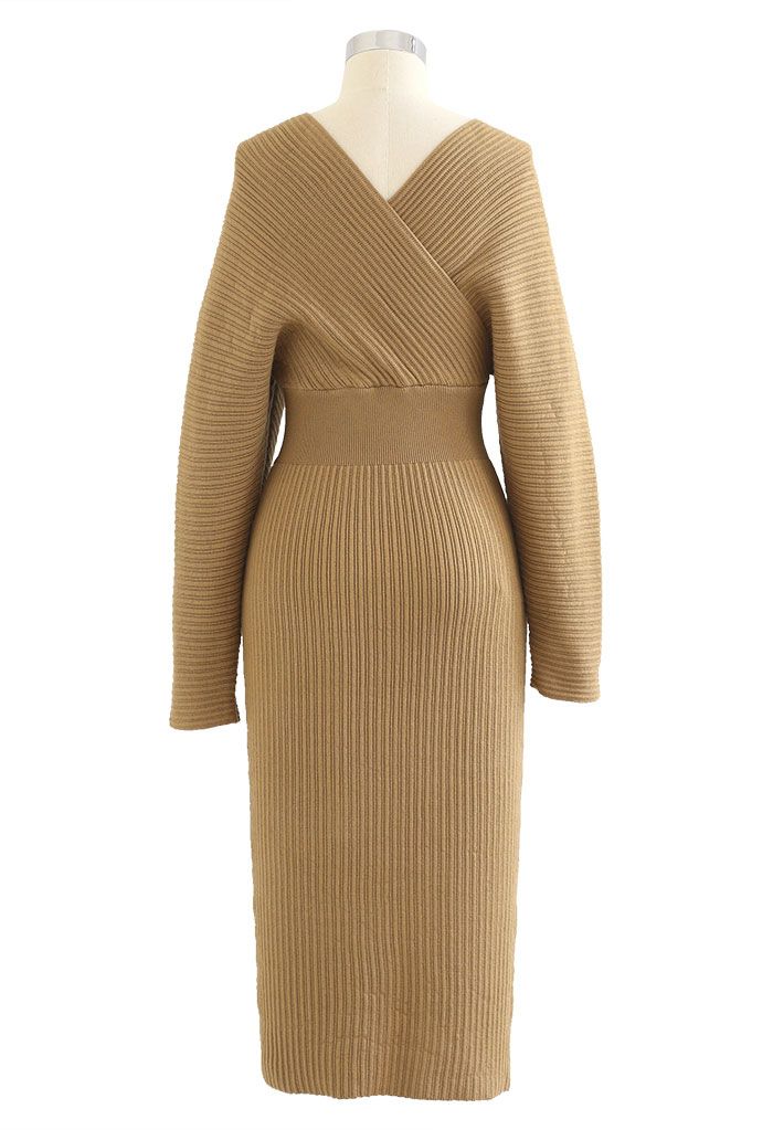 Long Sleeve Wrapped Bodycon Knit Midi Dress in Tan