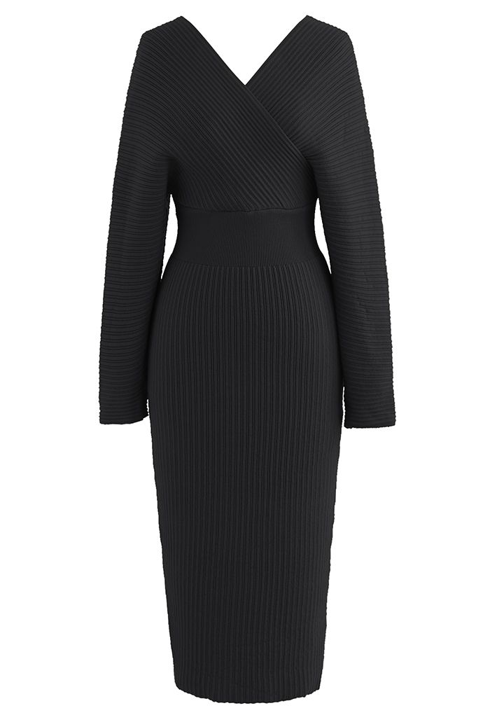 Long Sleeve Wrapped Bodycon Knit Midi Dress in Black