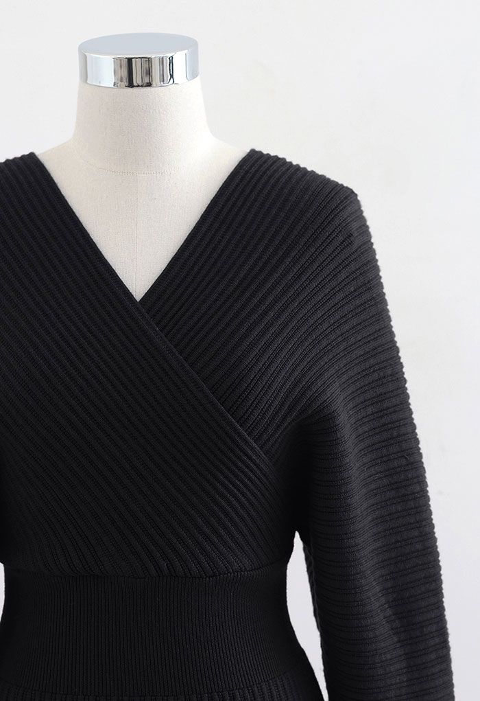 Long Sleeve Wrapped Bodycon Knit Midi Dress in Black