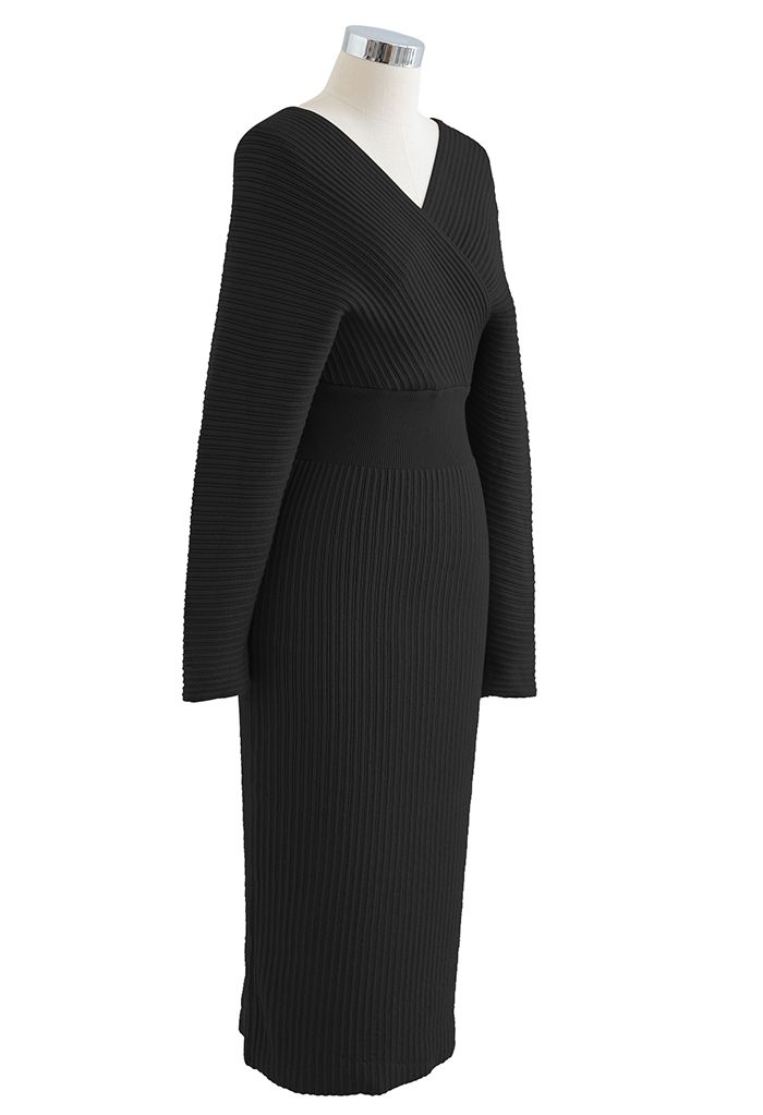 Long Sleeve Wrapped Bodycon Knit Midi Dress in Black