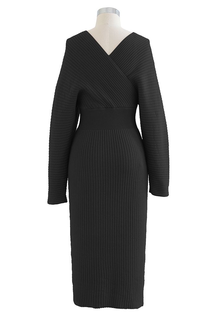 Long Sleeve Wrapped Bodycon Knit Midi Dress in Black