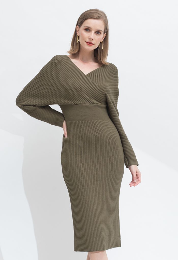 Long Sleeve Wrapped Bodycon Knit Midi Dress in Army Green
