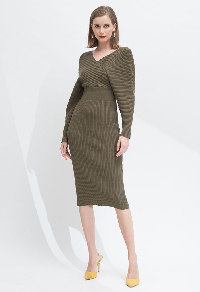 Long Sleeve Wrapped Bodycon Knit Midi Dress in Army Green