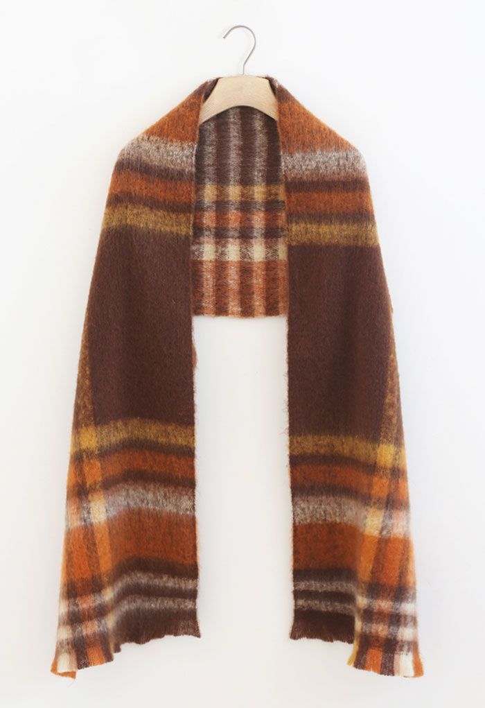 Check Print Fuzzy Oversize Scarf in Caramel