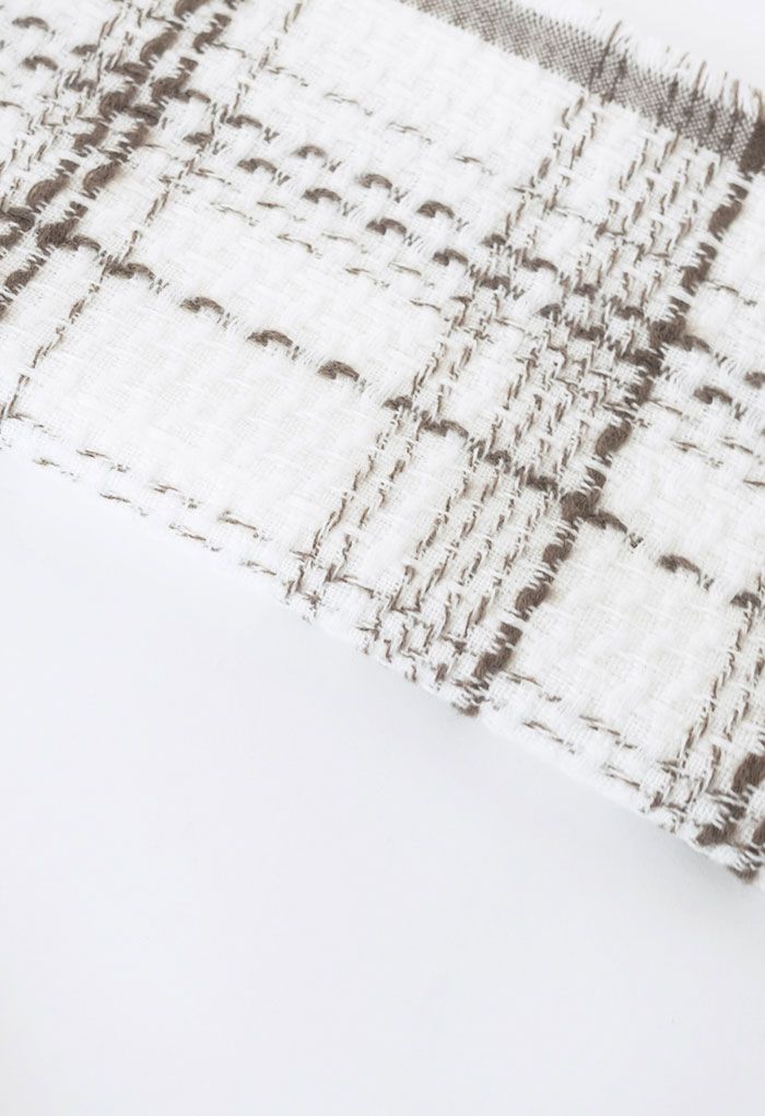 Plaid Pattern Fringed Edge Scarf in Ivory
