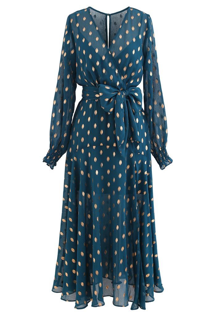 Oval Dots Semi-Sheer Split Wrap Dress in Emerald