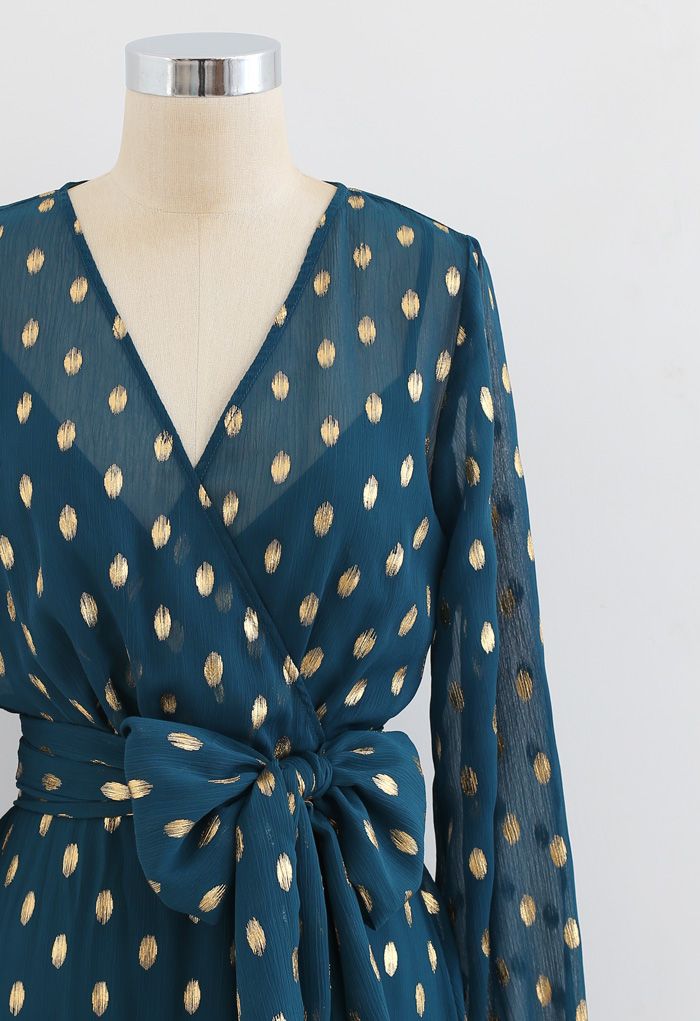 Oval Dots Semi-Sheer Split Wrap Dress in Emerald