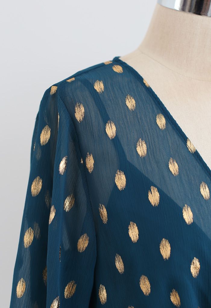 Oval Dots Semi-Sheer Split Wrap Dress in Emerald