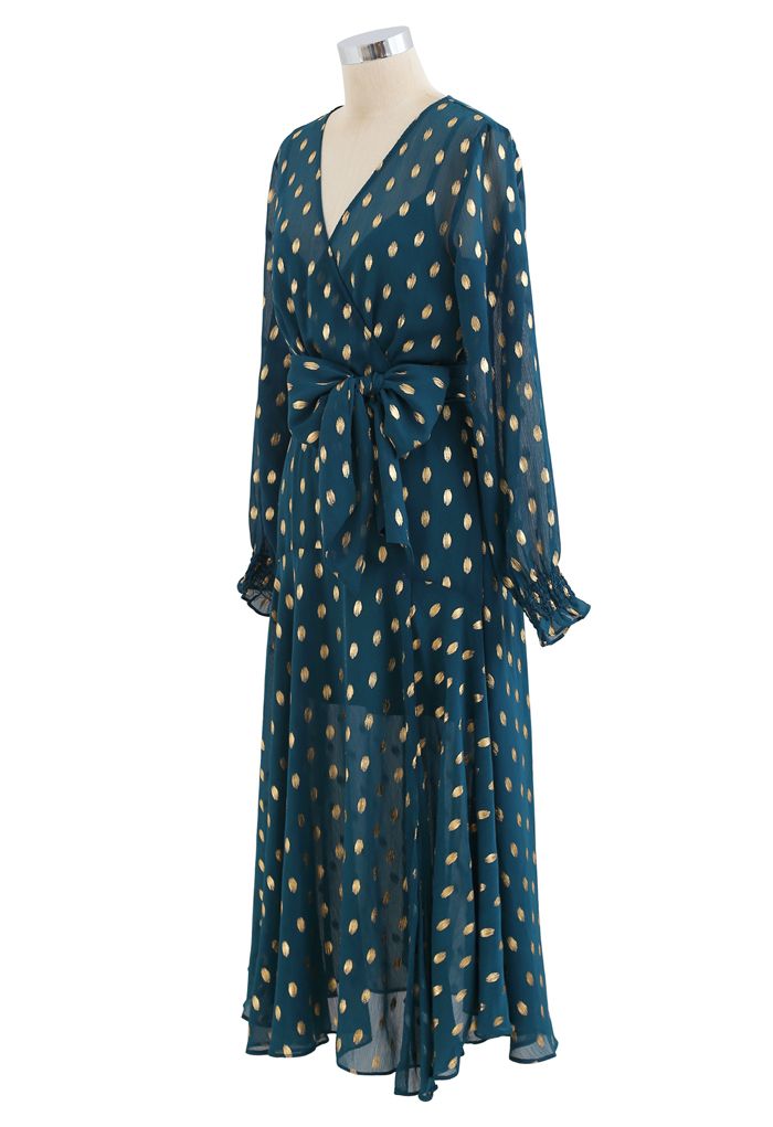 Oval Dots Semi-Sheer Split Wrap Dress in Emerald
