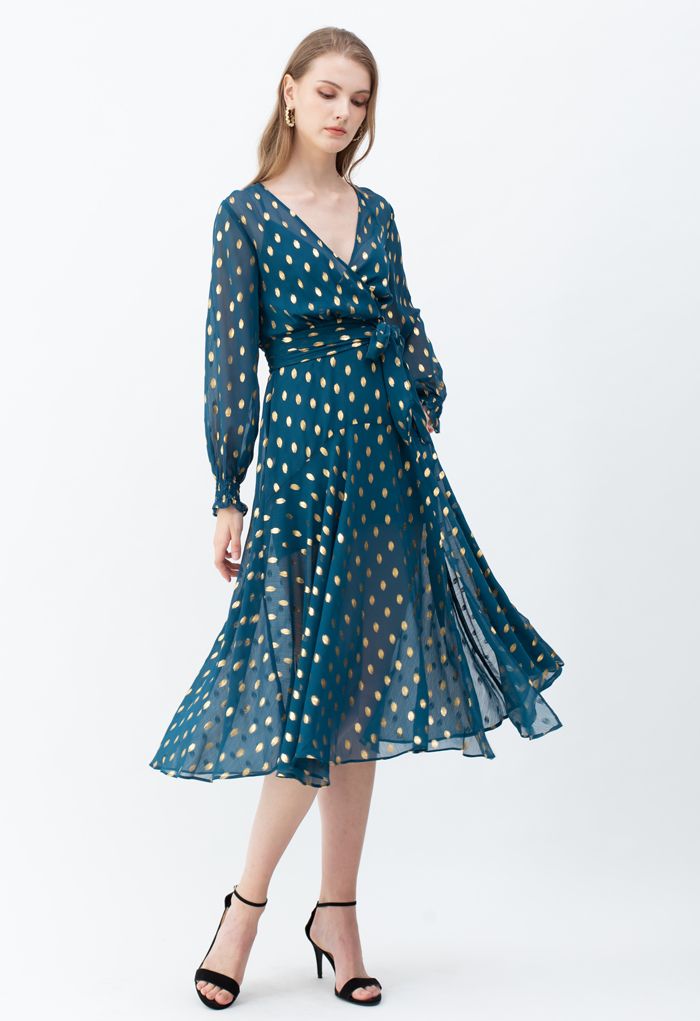 Oval Dots Semi-Sheer Split Wrap Dress in Emerald