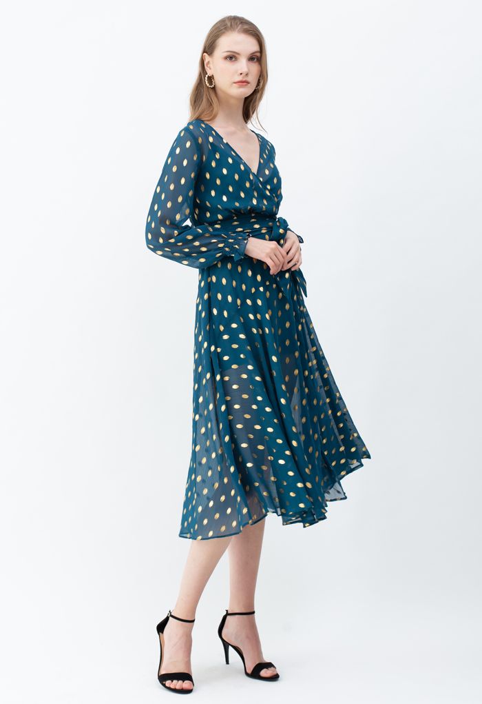 Oval Dots Semi-Sheer Split Wrap Dress in Emerald