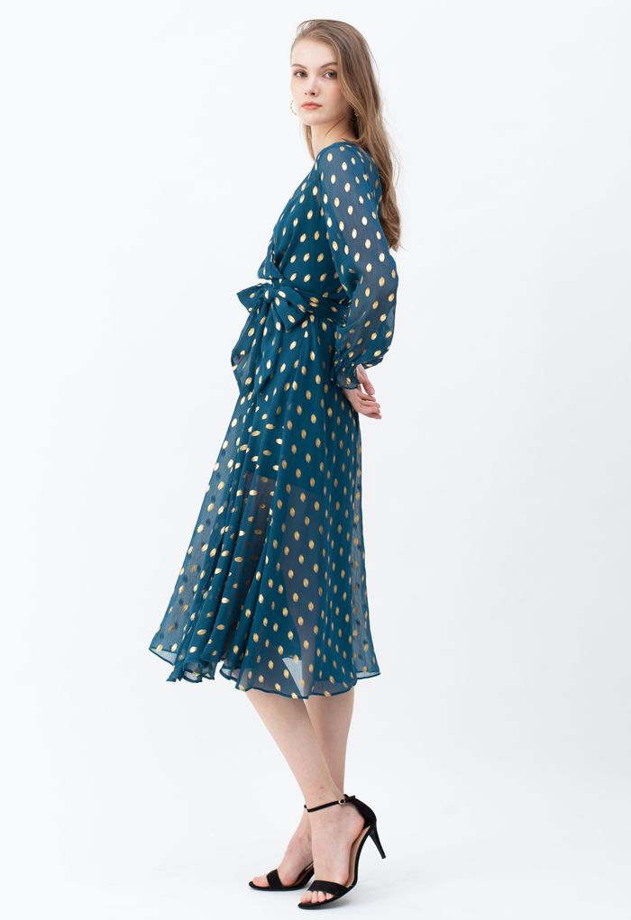 Oval Dots Semi-Sheer Split Wrap Dress in Emerald