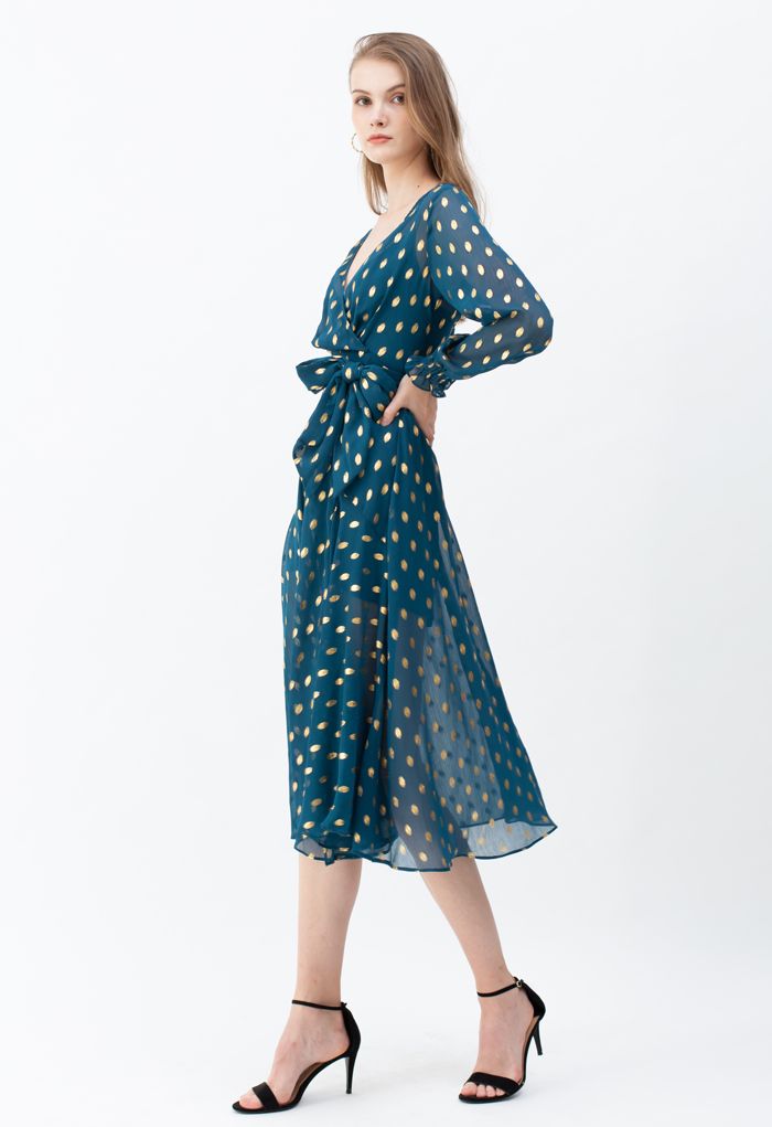 Oval Dots Semi-Sheer Split Wrap Dress in Emerald
