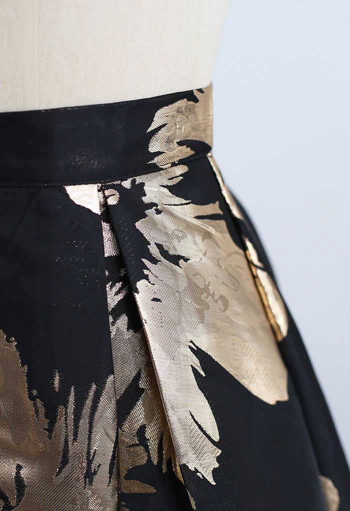 Golden Blossom Jacquard A-Line Midi Skirt