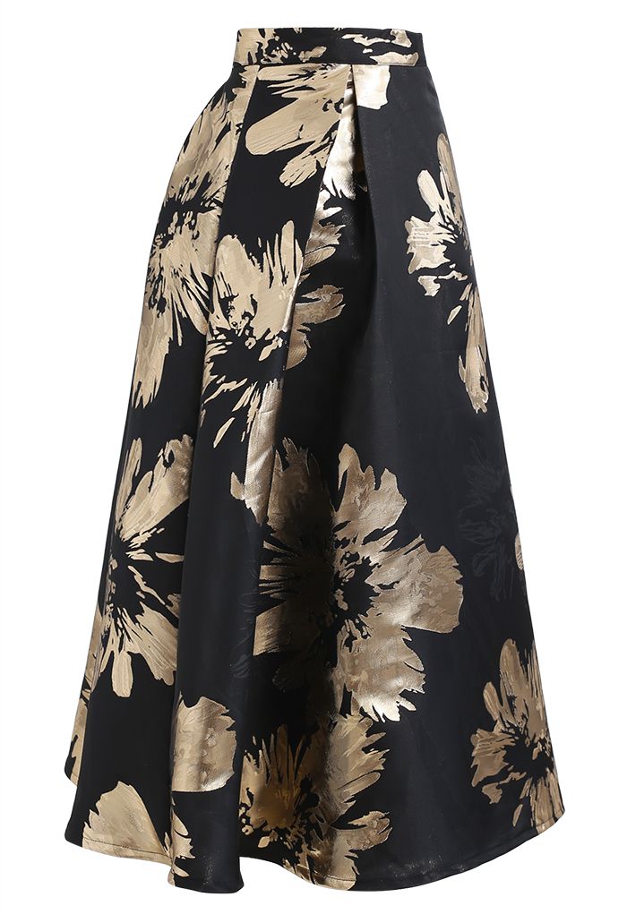 Golden Blossom Jacquard A-Line Midi Skirt