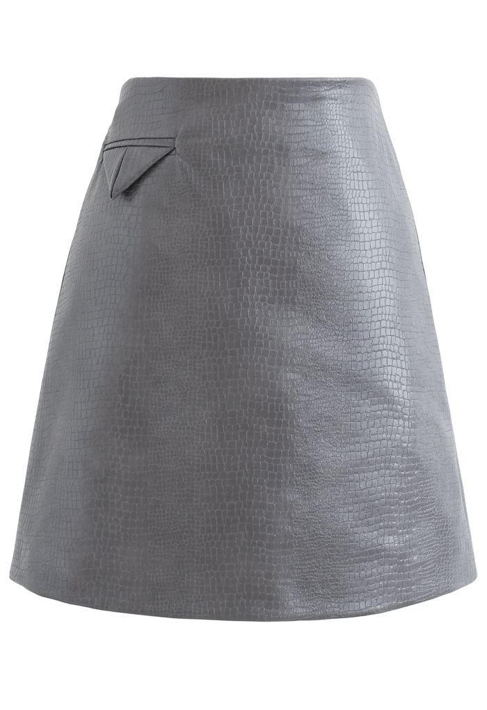 Crocodile Faux Leather Mini Skirt in Grey