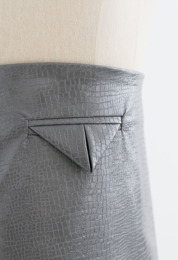Crocodile Faux Leather Mini Skirt in Grey