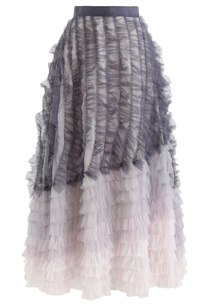 Gradient Tiered Ruffle Mesh Tulle Maxi Skirt
