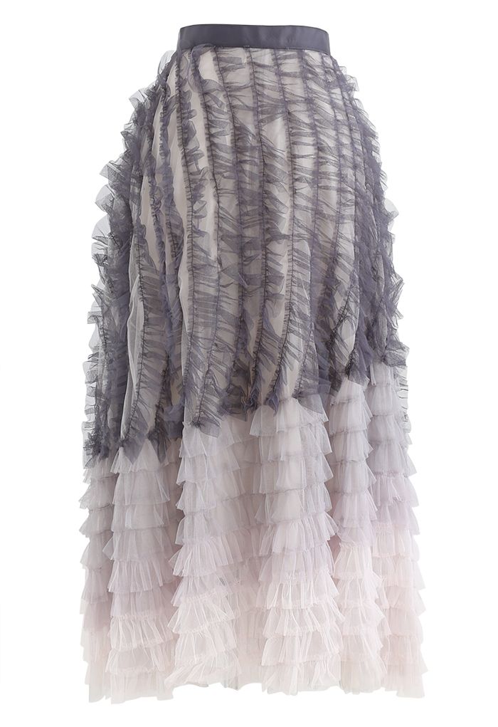 Gradient Tiered Ruffle Mesh Tulle Maxi Skirt