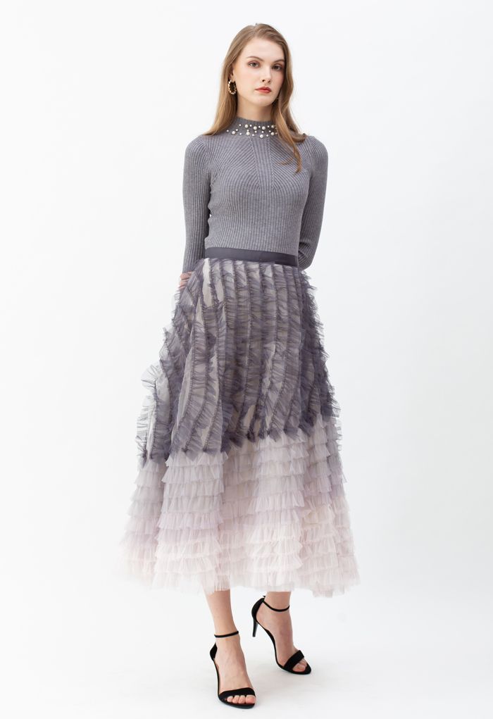 Gradient Tiered Ruffle Mesh Tulle Maxi Skirt