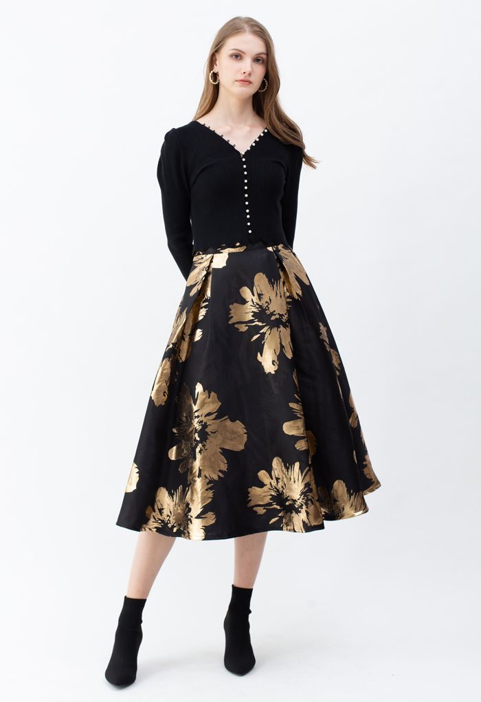 Golden Blossom Jacquard A-Line Midi Skirt