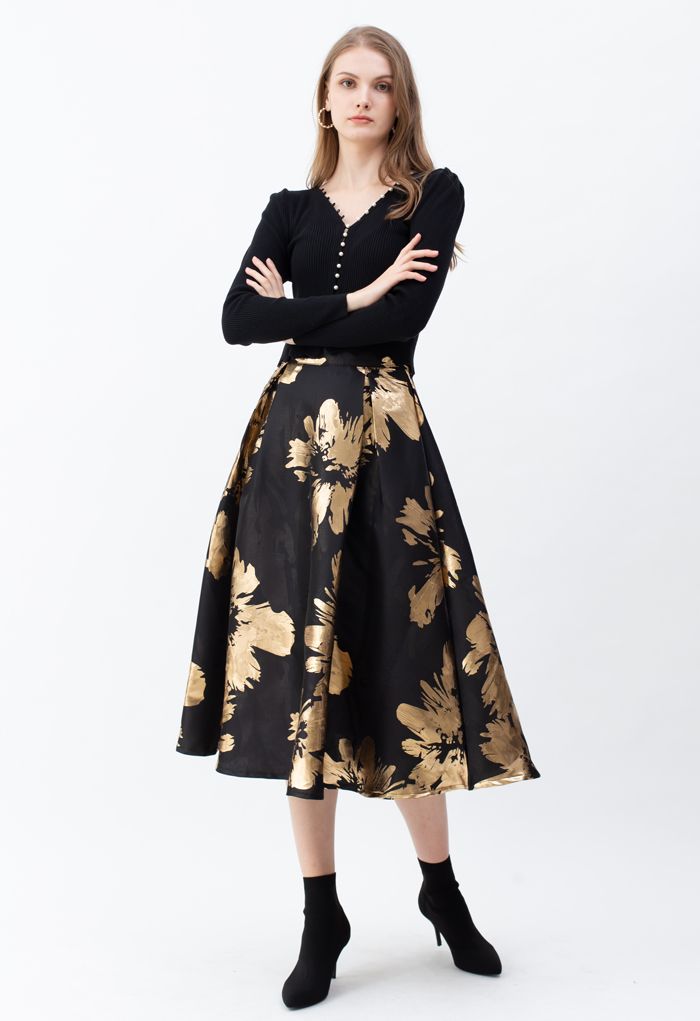 Golden Blossom Jacquard A-Line Midi Skirt