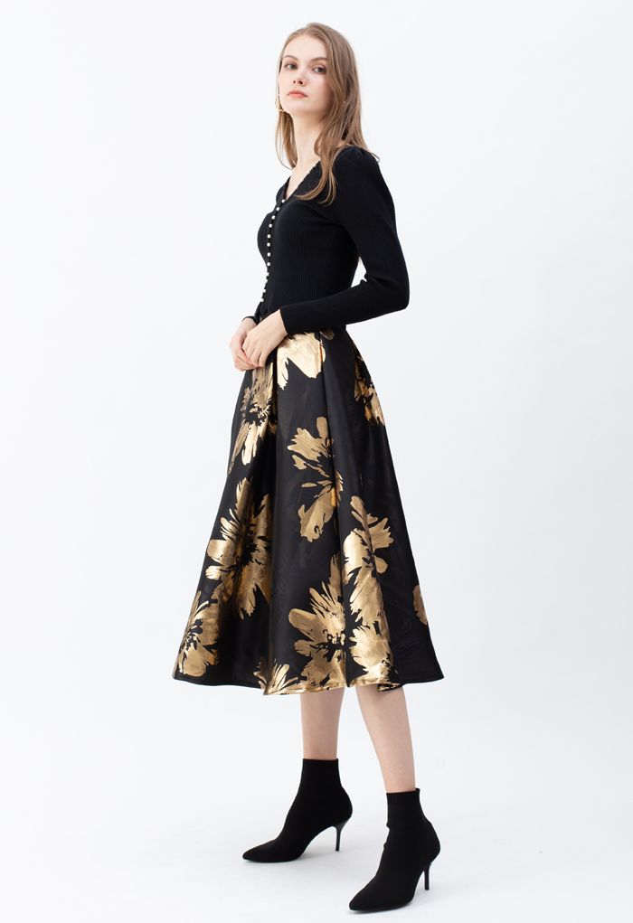 Golden Blossom Jacquard A-Line Midi Skirt