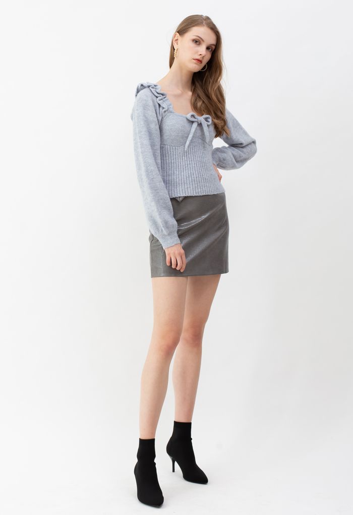 Crocodile Faux Leather Mini Skirt in Grey