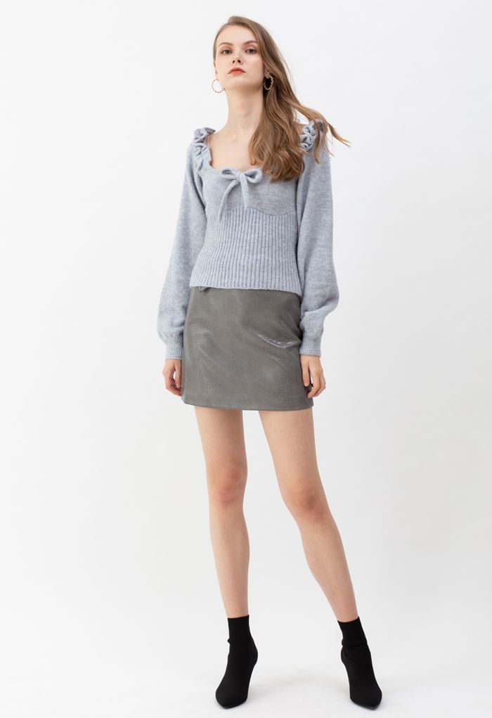 Crocodile Faux Leather Mini Skirt in Grey