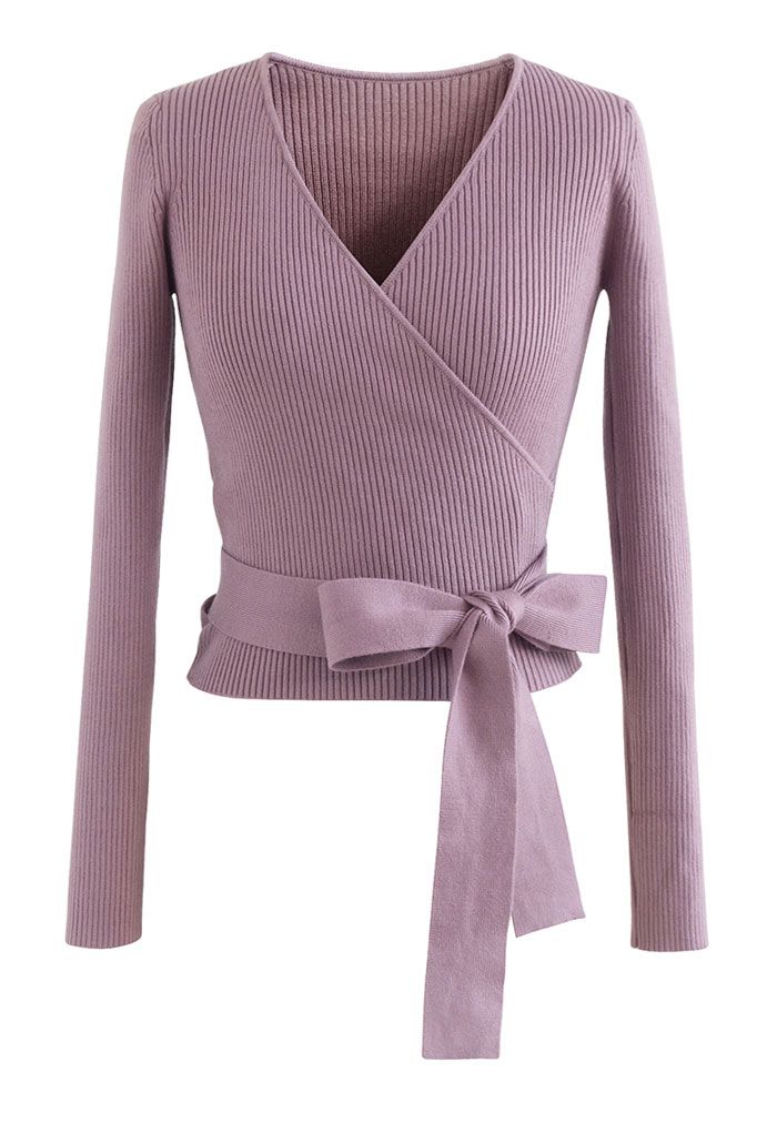 V-Neck Tie-Waist Wrap Knit Top in Lilac 